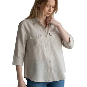 Women's 14 Liz Claiborne Beige Linen Button Front Shirt 3/4 Length Sleeves